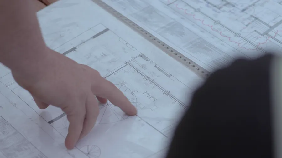 Hands pointing at a blueprint